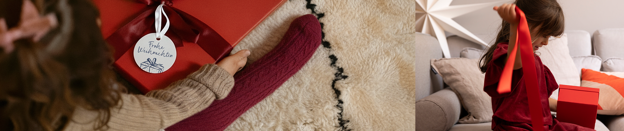 Mädchen packt Geschenk mit Geschenkanhängeraus