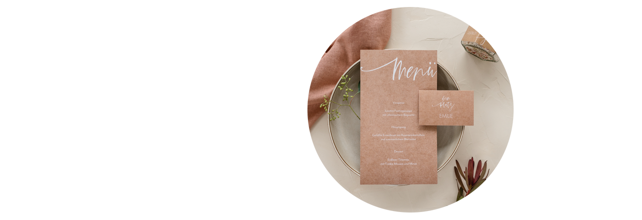 Menükarte zur Hochzeit und Tischkarte